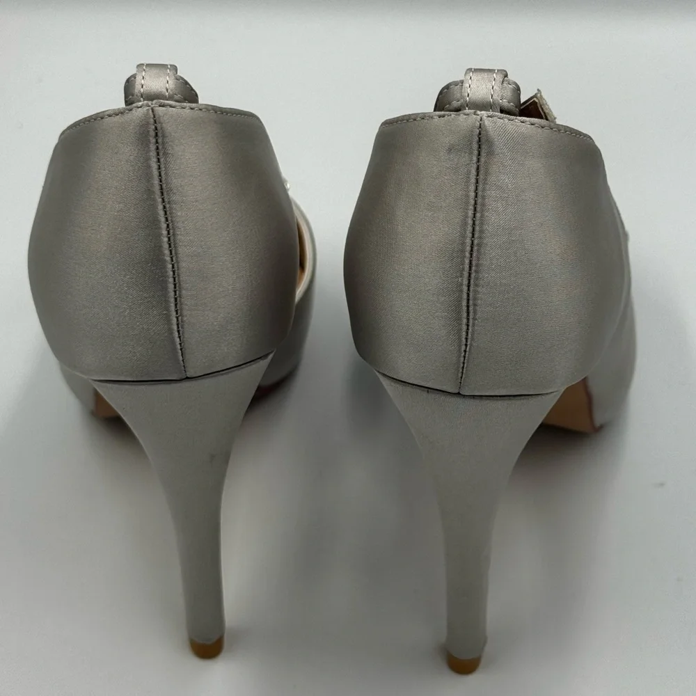 Silver Satin Peep Toe Heels with Rhinestones, Size 9W (NWT)